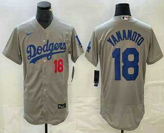 Mens Los Angeles Dodgers #18 Yoshinobu Yamamoto Number Gray Stitched Flex Base Nike Jersey